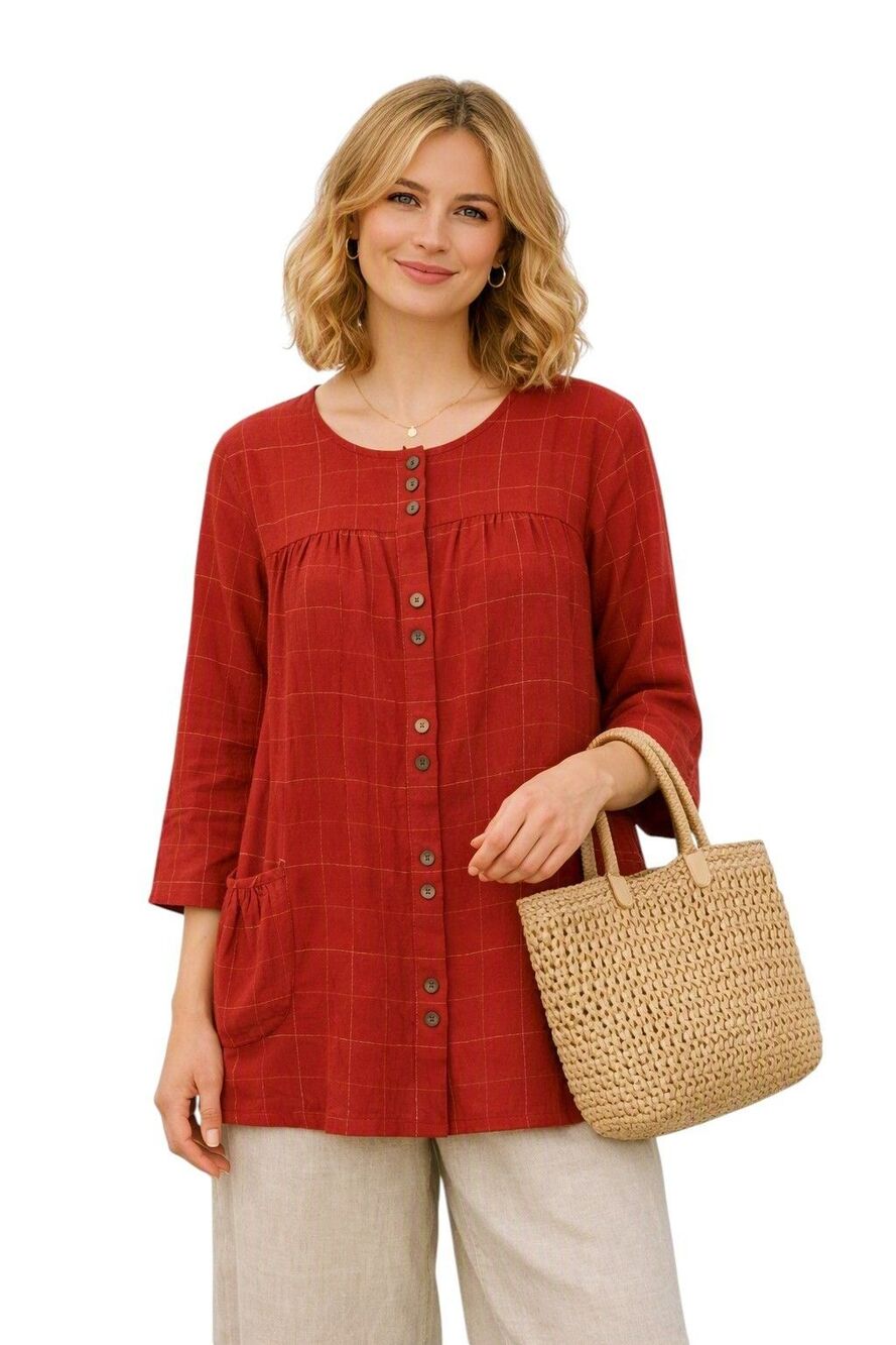 Gudrun Sjoden Womens Linen Jacket sz M Red Windowpane Pockets Babydoll Lagenlook